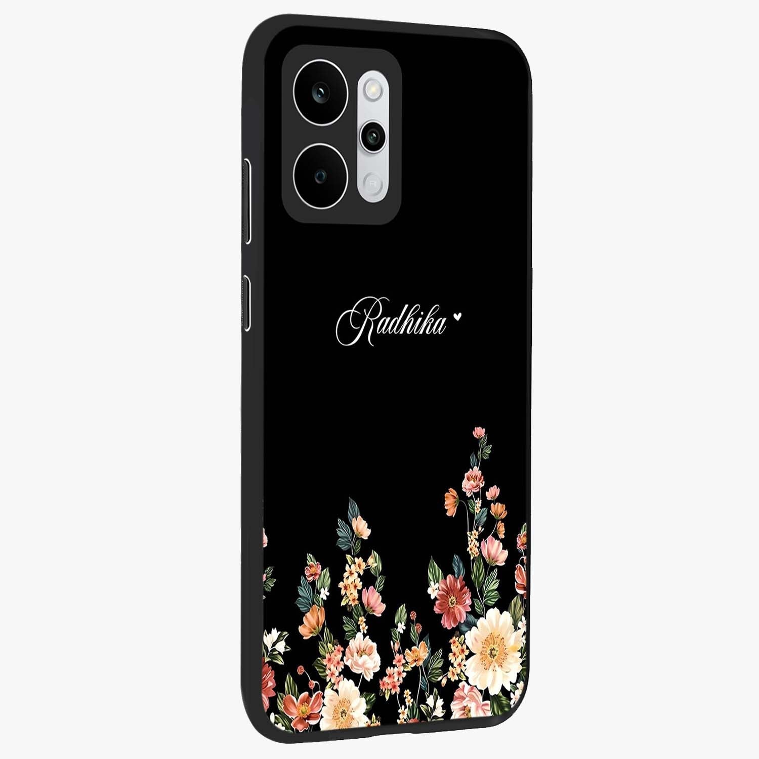 Floral Design With a Custom Personalized Name Glass Case upright view showcasing delicate floral artwork with personalized aesthetic style.