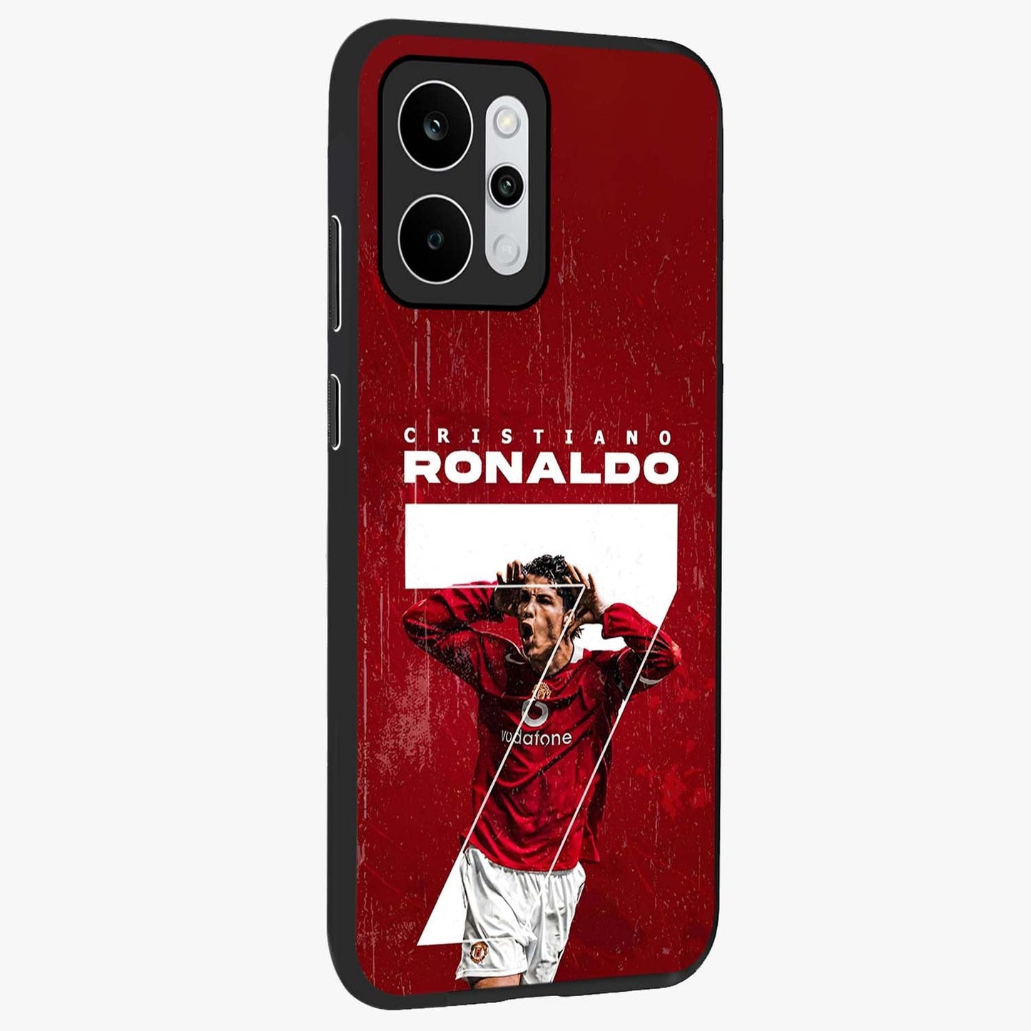 Goal Celebration Legacy Glass Case upright view showcasing dynamic football inspired artwork with victory celebration aesthetic.