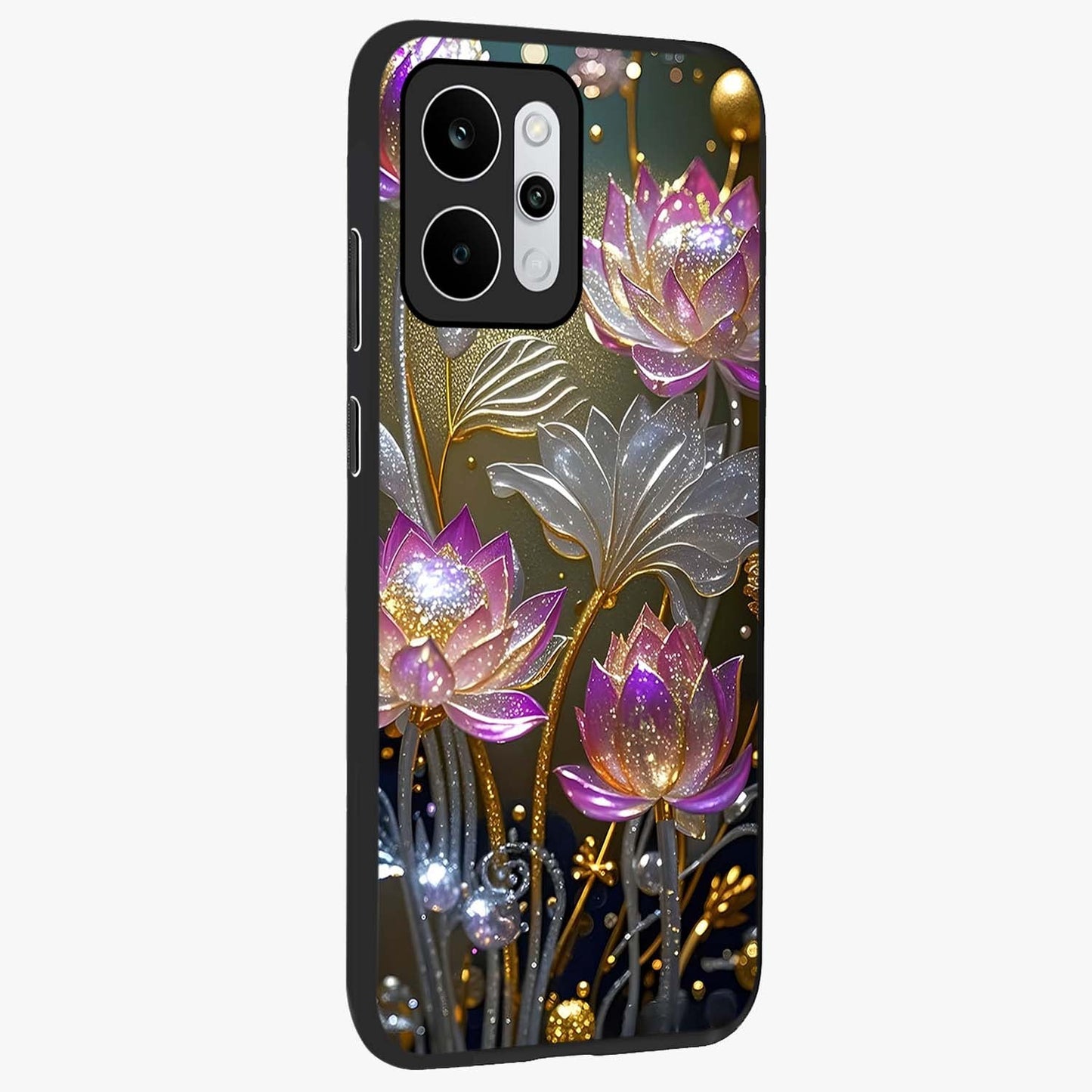 Golden Floral Majesty Glass Case upright view showcasing majestic floral artwork with rich decorative theme.
