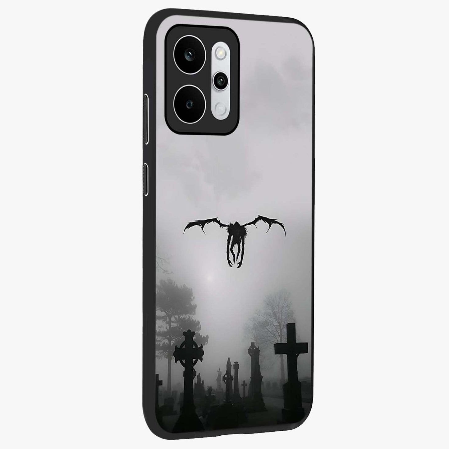 Graveyard Shadow Descent Glass Case upright view showcasing haunting graveyard artwork with dramatic dark theme.