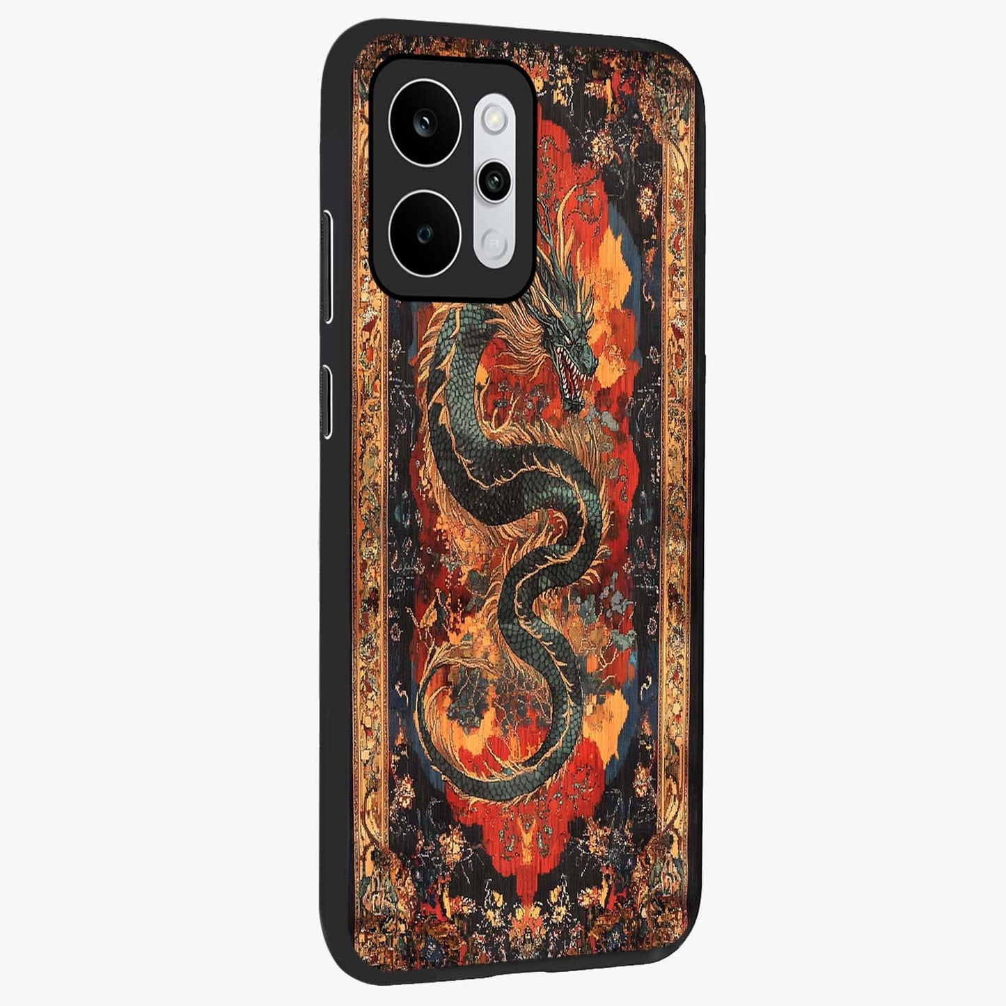 Inferno Dragon Soul Glass Case upright view showcasing intense dragon artwork with fantasy fire theme.