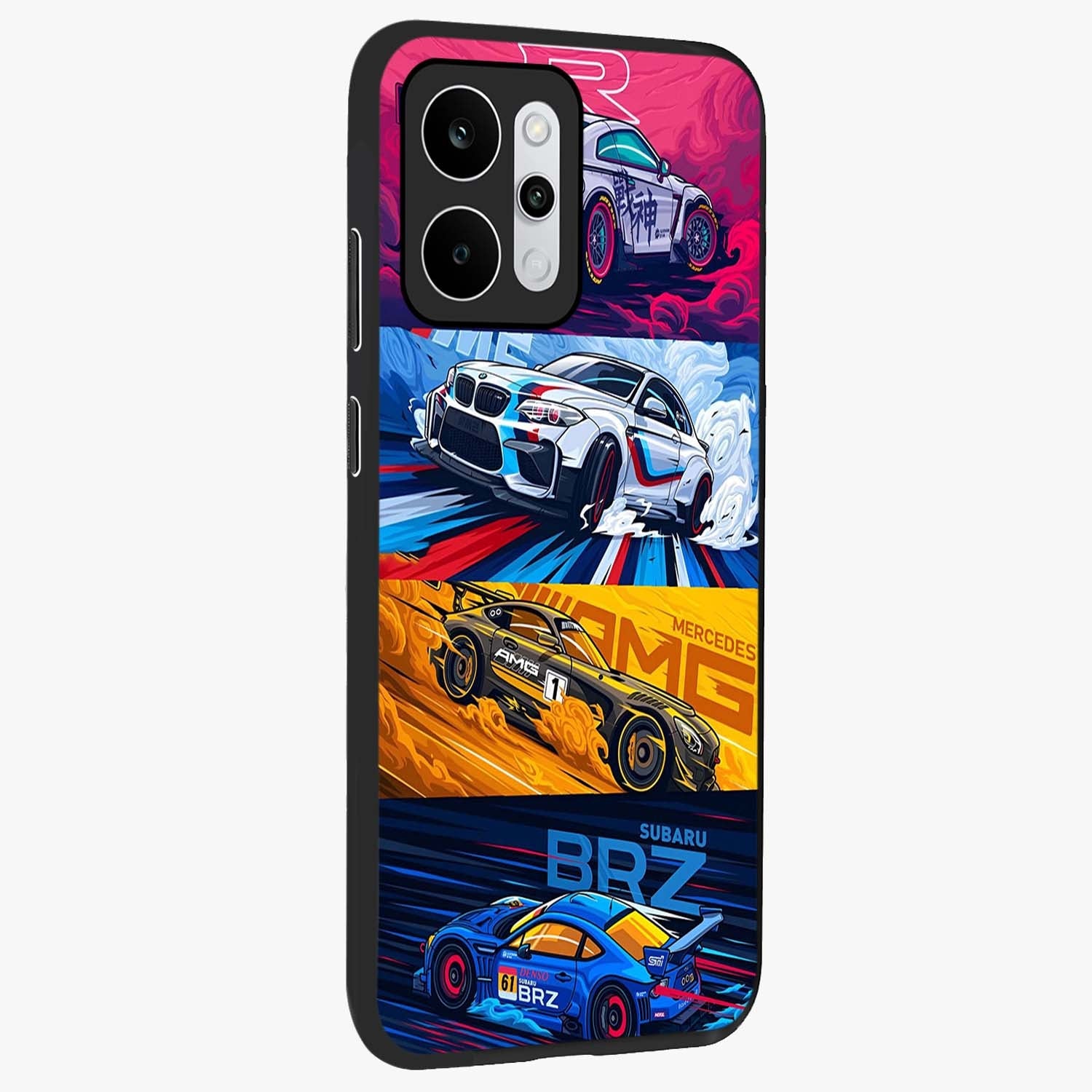 JDM Sports Car Glass Case upright view showcasing dynamic sports car artwork with bold racing theme.