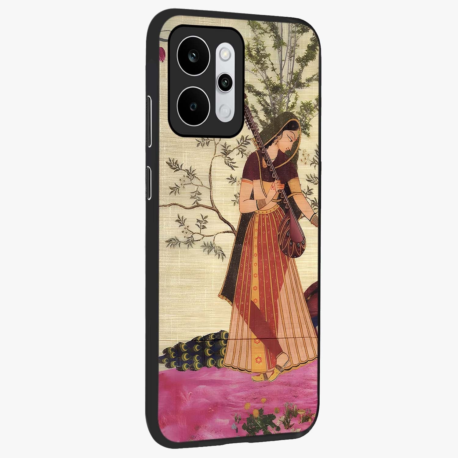 Lady With Veena Art Glass Case upright view showcasing classical veena artwork with traditional artistic theme.