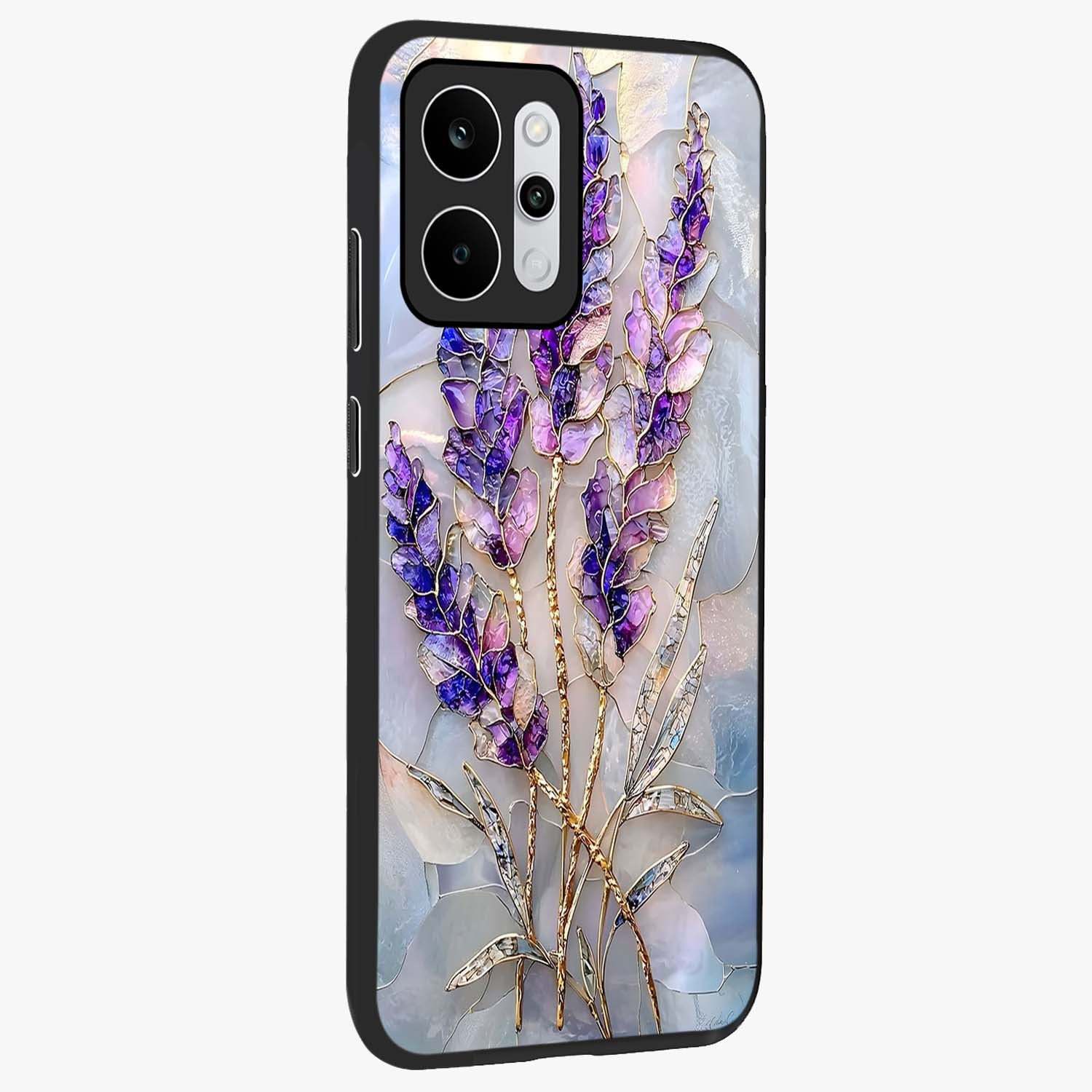 Lavender Dream Glow Glass Case upright view showcasing radiant lavender glow artwork with calming dreamy theme.