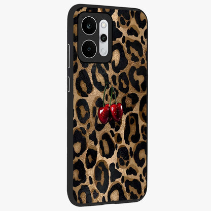 Leopard Wild Cherry Glass Case upright view showcasing stylish leopard pattern artwork with trendy fashion theme.