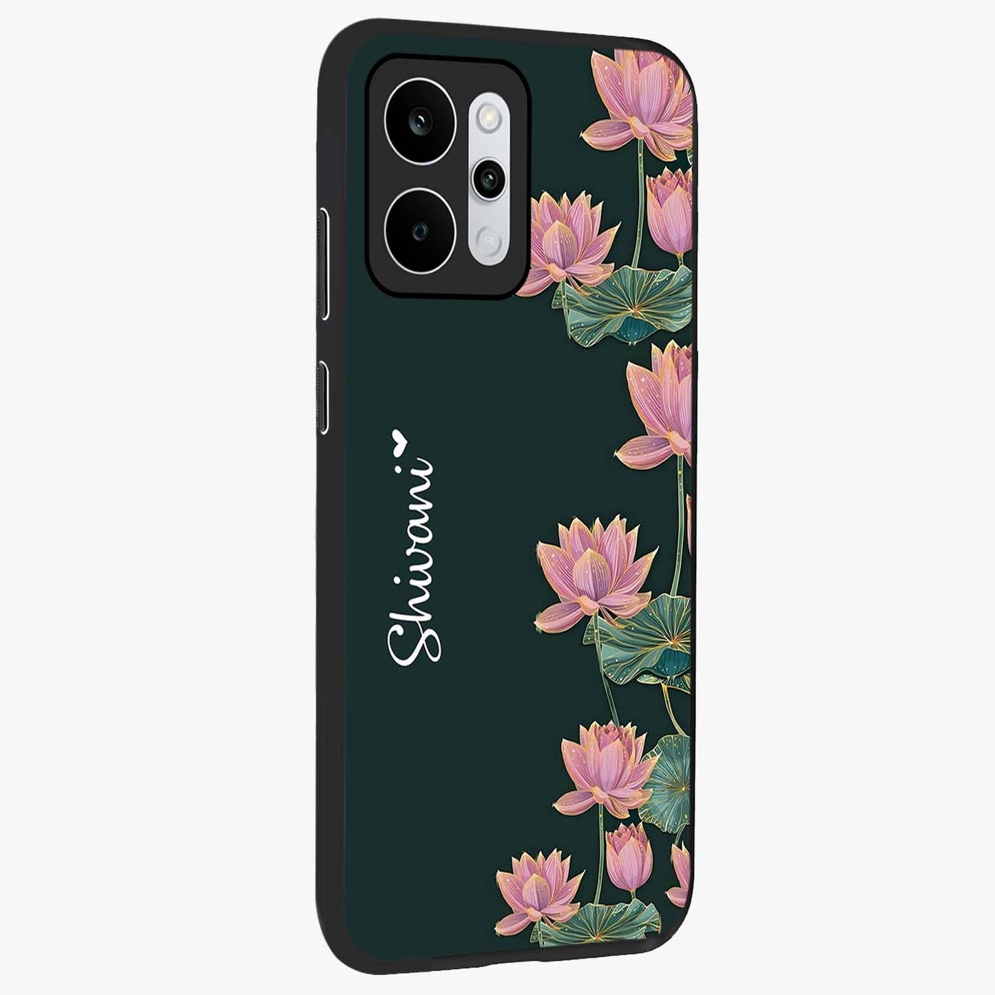Lotus Bloom Serenity Custom Name Glass Case upright view showcasing serene lotus bloom artwork with personalized floral aesthetic.