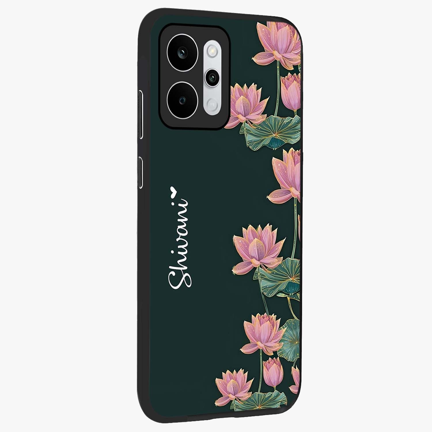 Lotus Bloom Serenity Custom Name Glass Case upright view showcasing serene lotus bloom artwork with personalized floral aesthetic.