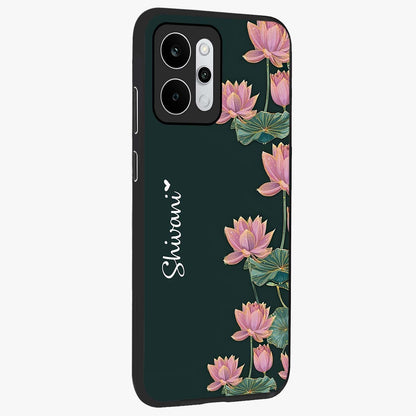 Lotus Bloom Serenity Custom Name Glass Case upright view showcasing serene lotus bloom artwork with personalized floral aesthetic.