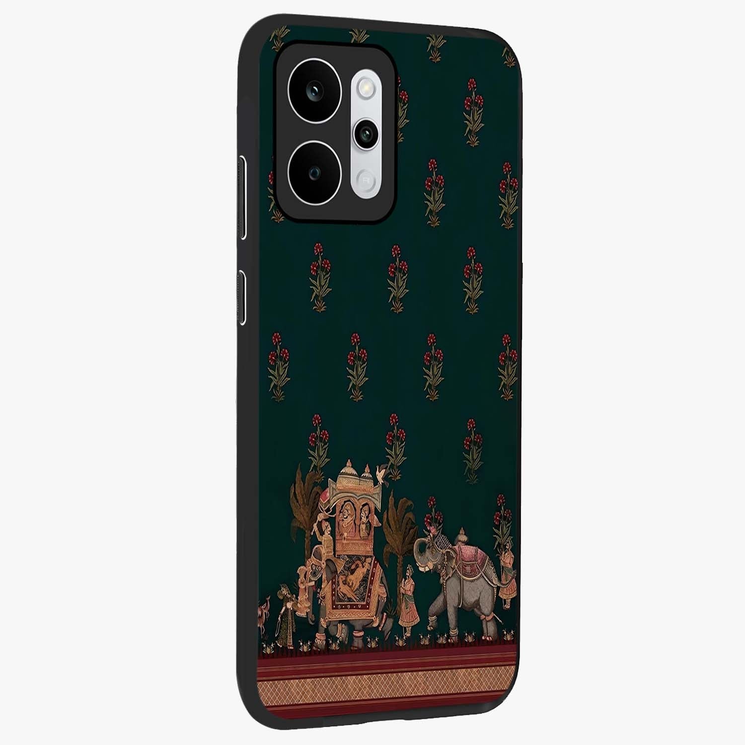 Macmerise Glass Case upright view showcasing bold artistic artwork with contemporary design theme.