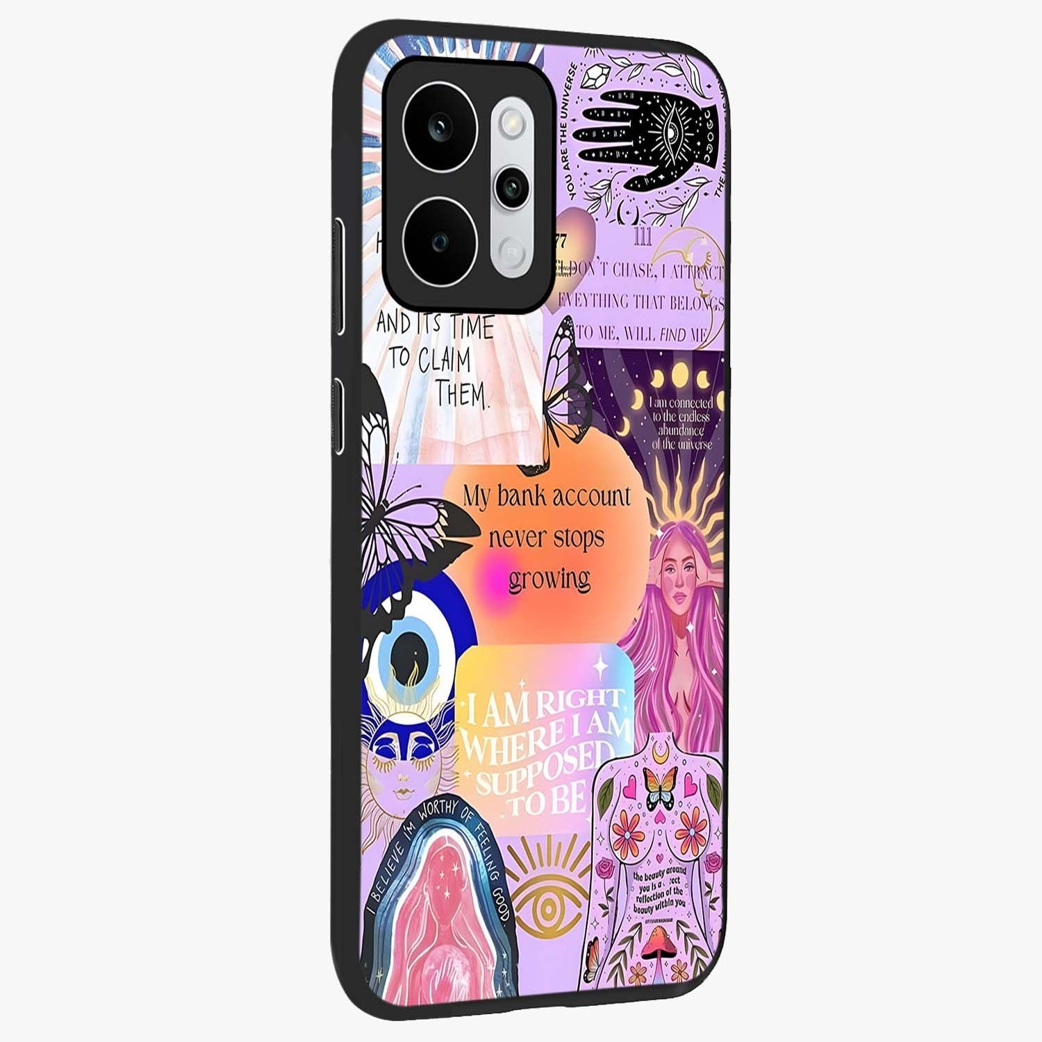 Manifestation Collage Glass Case upright view showcasing artistic manifestation themed artwork with creative style.