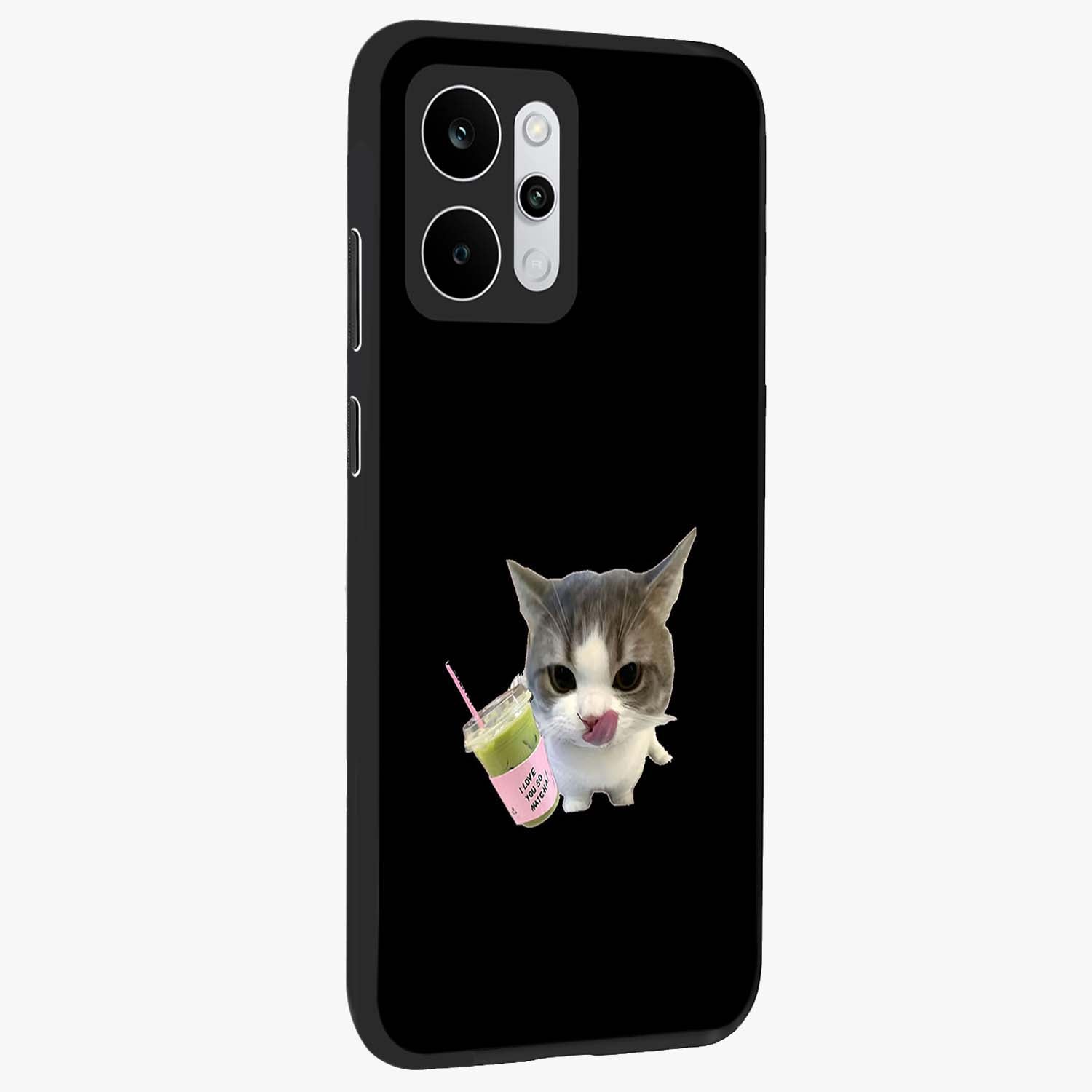Matcha Cat Style Glass Case upright view showcasing charming cat artwork with cozy aesthetic theme.
