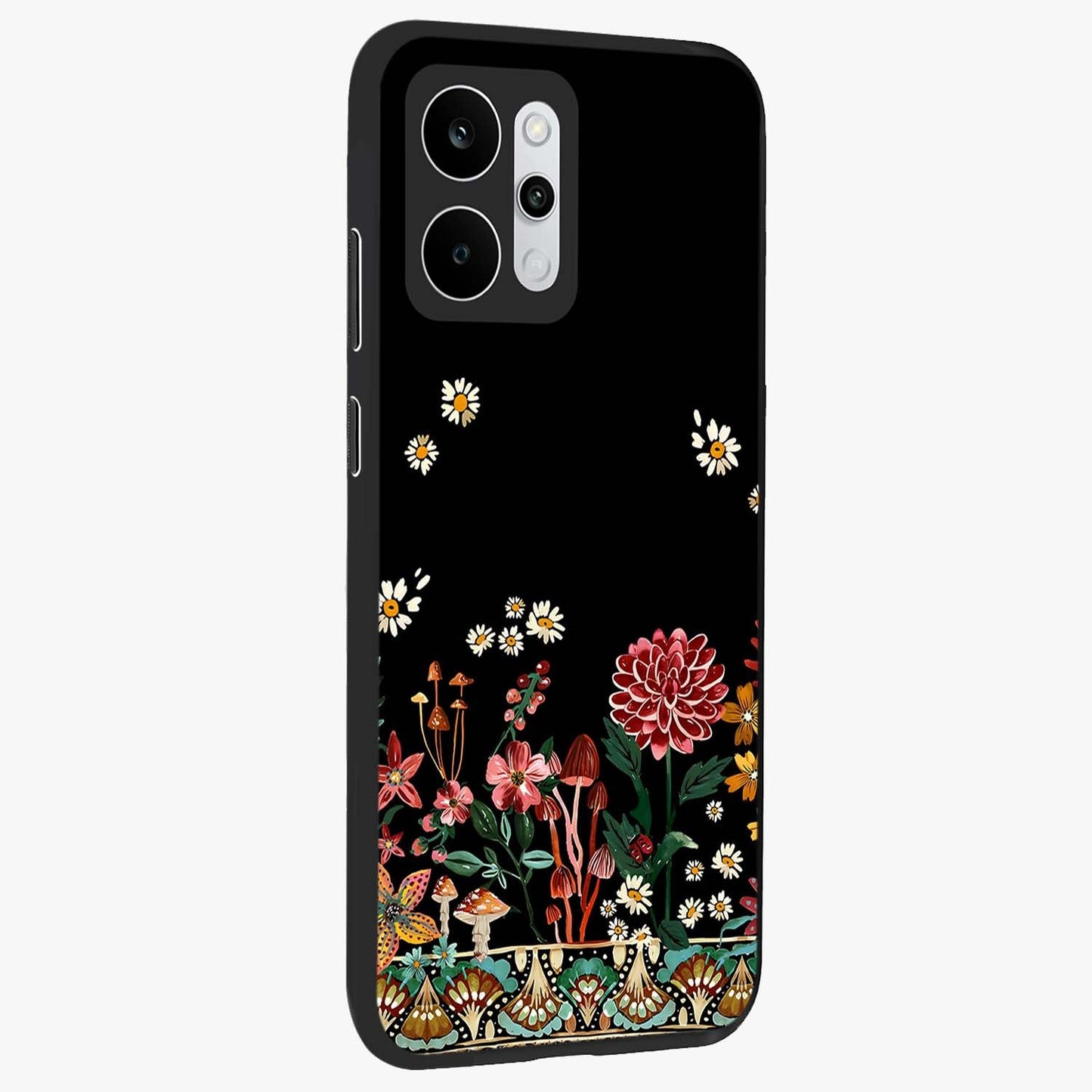 Midnight Bloom Pattern Glass Case upright view showcasing decorative floral artwork with deep night themed palette.
