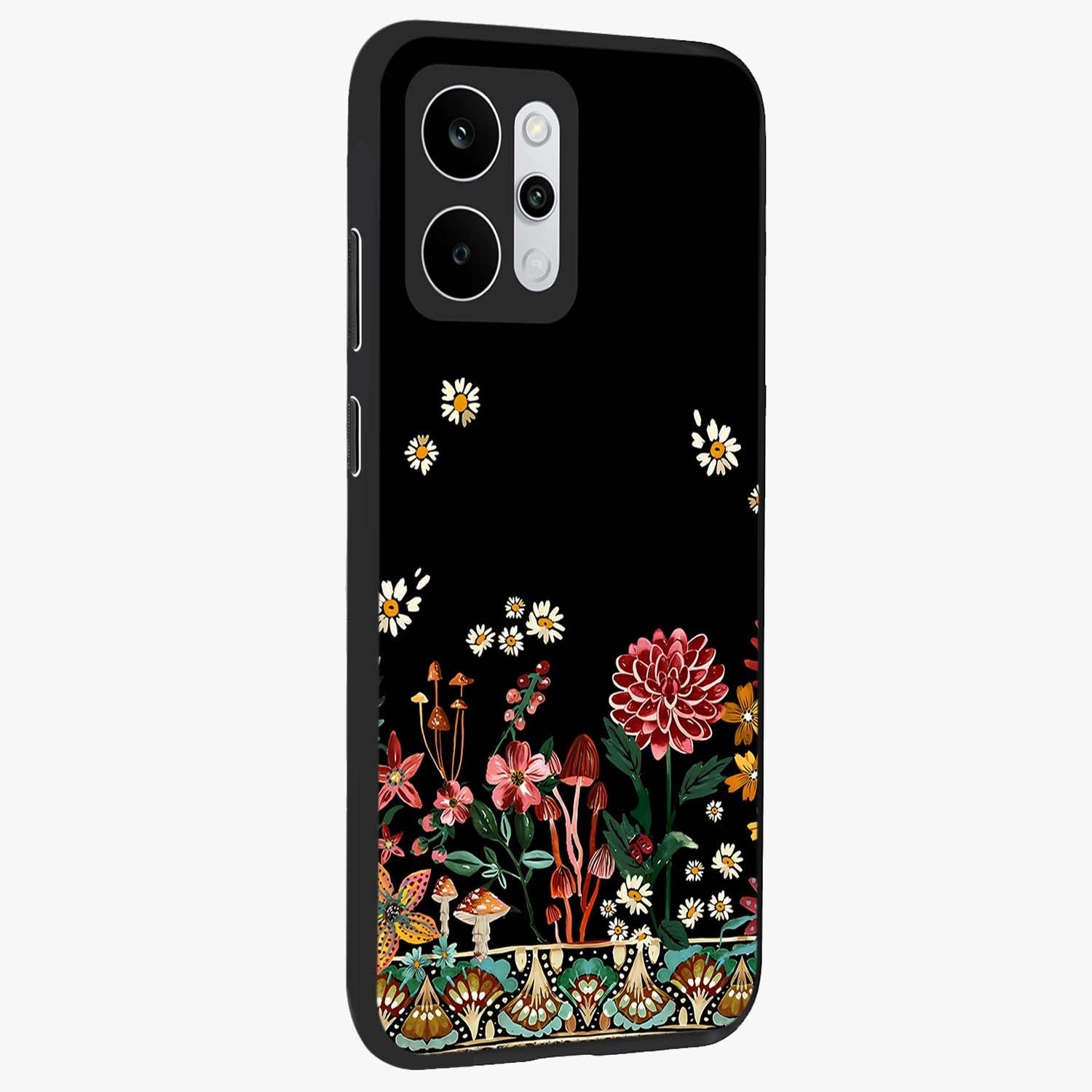 Midnight Bloom Pattern Glass Case upright view showcasing decorative floral artwork with deep night themed palette.