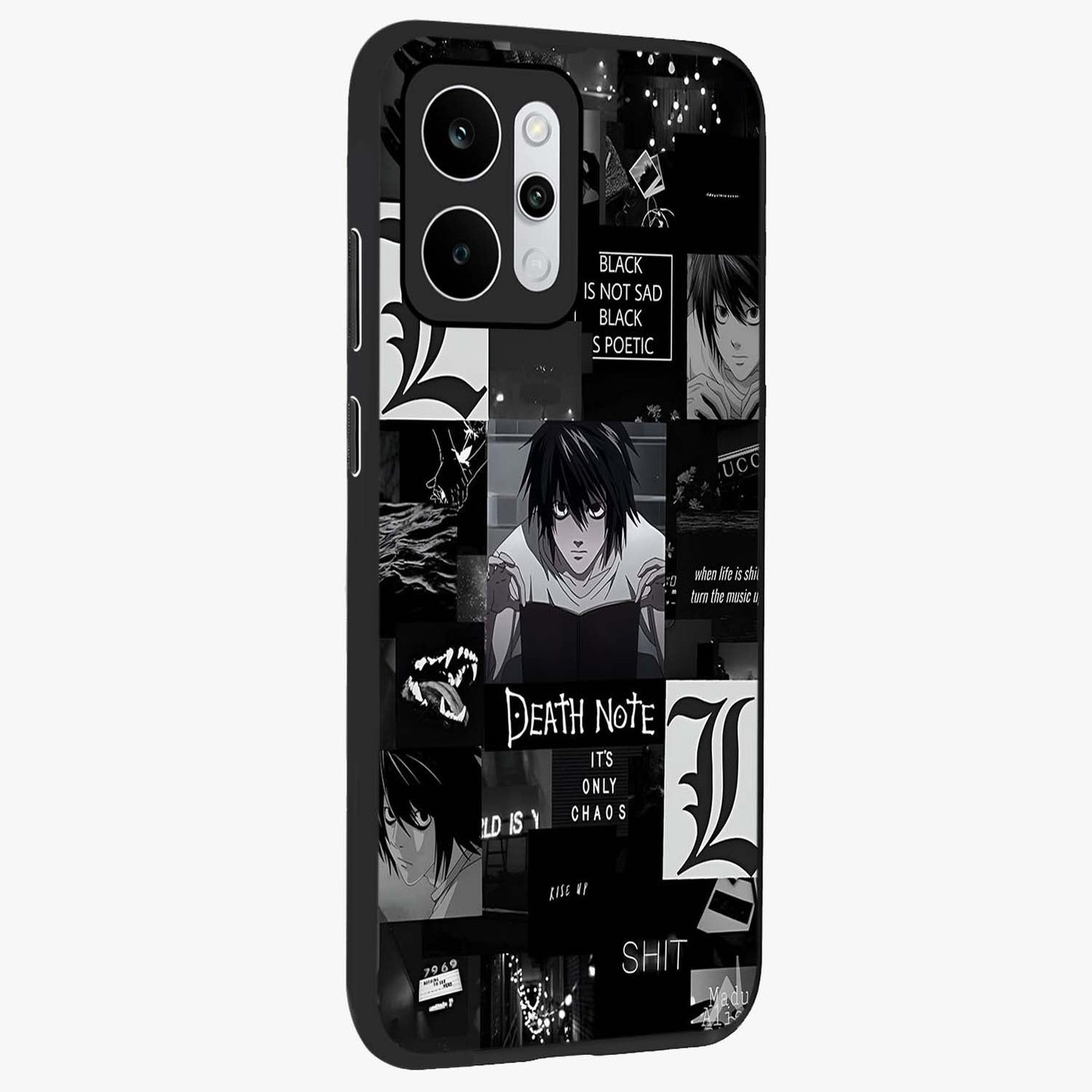 Midnight Chaos Mind Glass Case upright view showcasing expressive abstract artwork with bold dark theme.