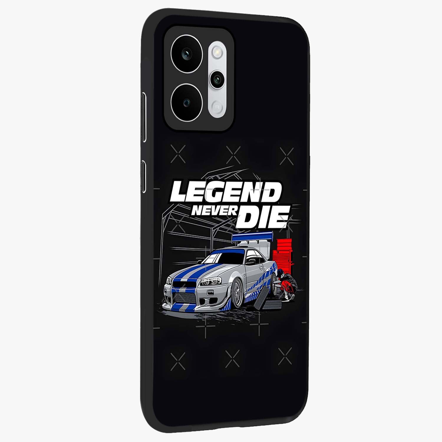 Midnight Racing Legacy Glass Case upright view showcasing powerful racing artwork with modern sports theme.