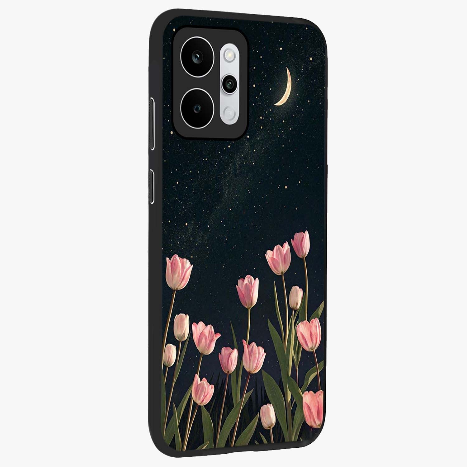 Midnight Tulip Whispers Vibe Glass Case upright view showcasing graceful tulip artwork with calm botanical theme.