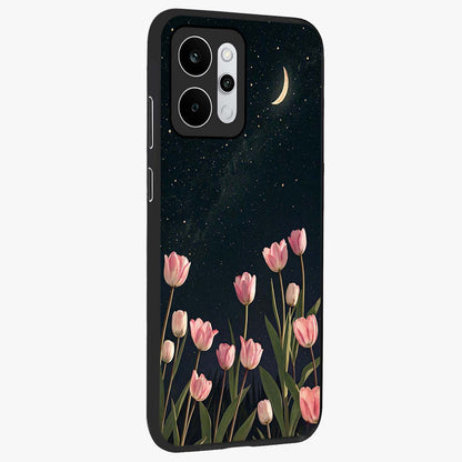 Midnight Tulip Whispers Vibe Glass Case upright view showcasing graceful tulip artwork with calm botanical theme.