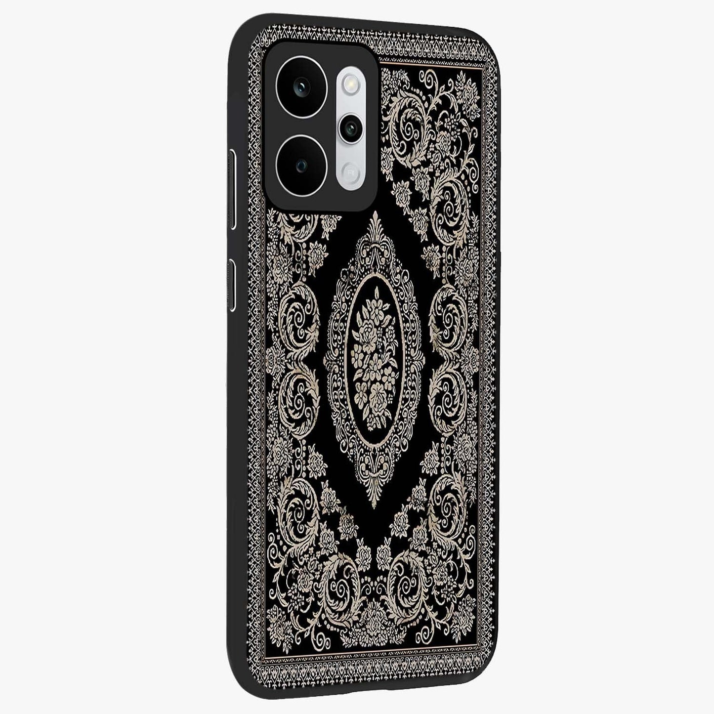 Noir Bloom Elegance Glass Case upright view showcasing graceful floral artwork with luxurious dark theme.