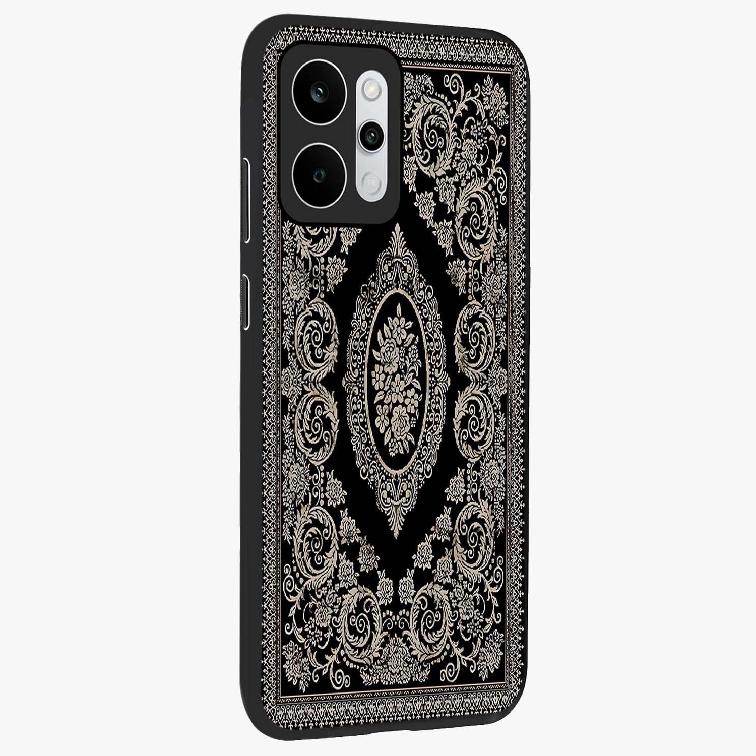 Noir Bloom Elegance Glass Case upright view showcasing graceful floral artwork with luxurious dark theme.