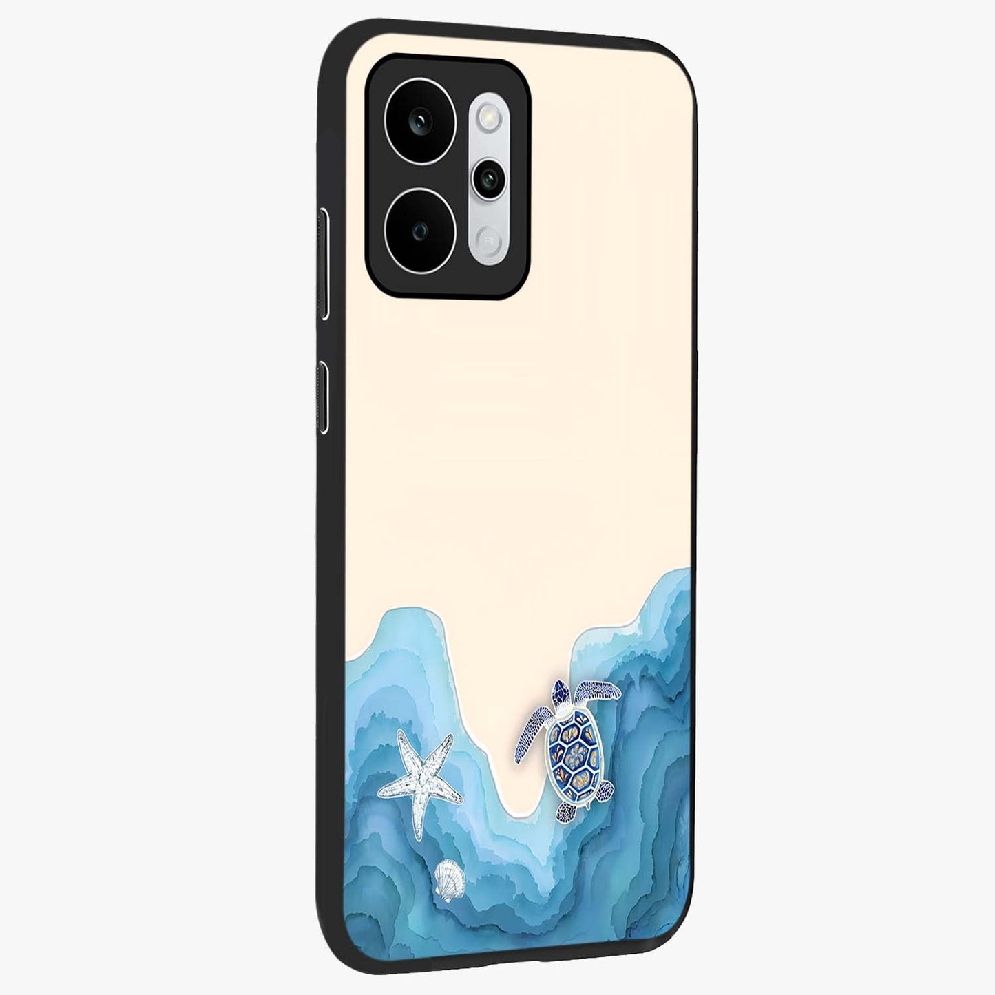 Ocean Drift Turtle Glass Case upright view showcasing calm underwater turtle artwork with nature inspired theme.