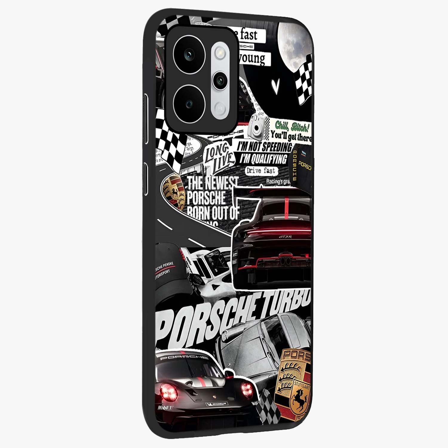Porsche Racing Collage Glass Case upright view showcasing energetic car collage artwork with high speed racing theme.