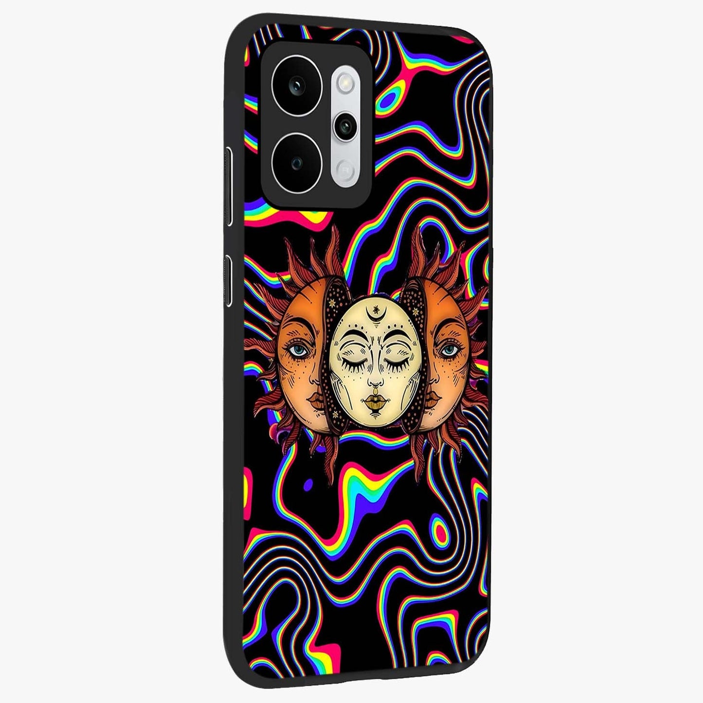 Psychedelic Sun Glass Case upright view showcasing trippy sun artwork with bold psychedelic theme.