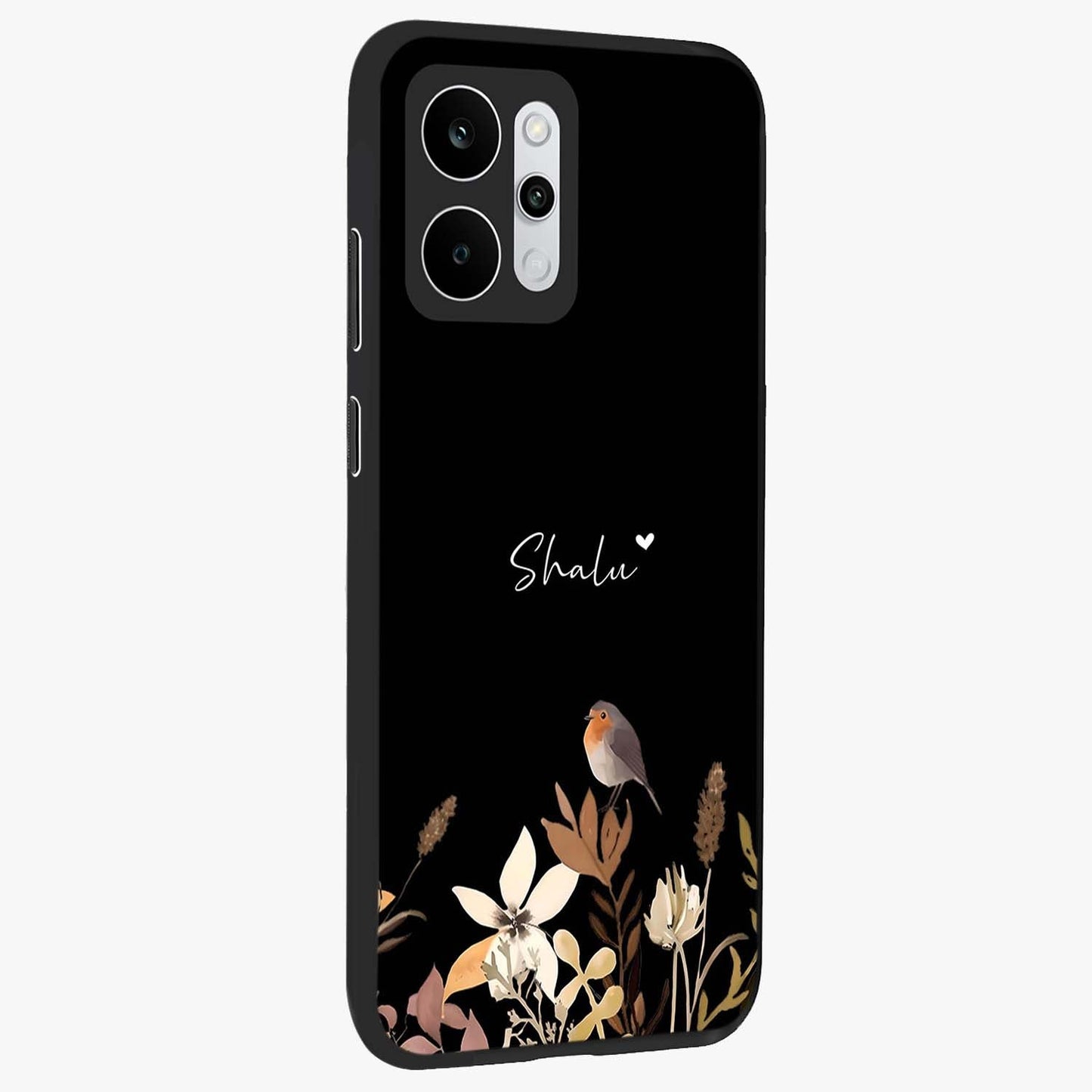 Quiet Garden Tune Custom Name Glass Case upright view showcasing serene botanical artwork with personalized aesthetic.