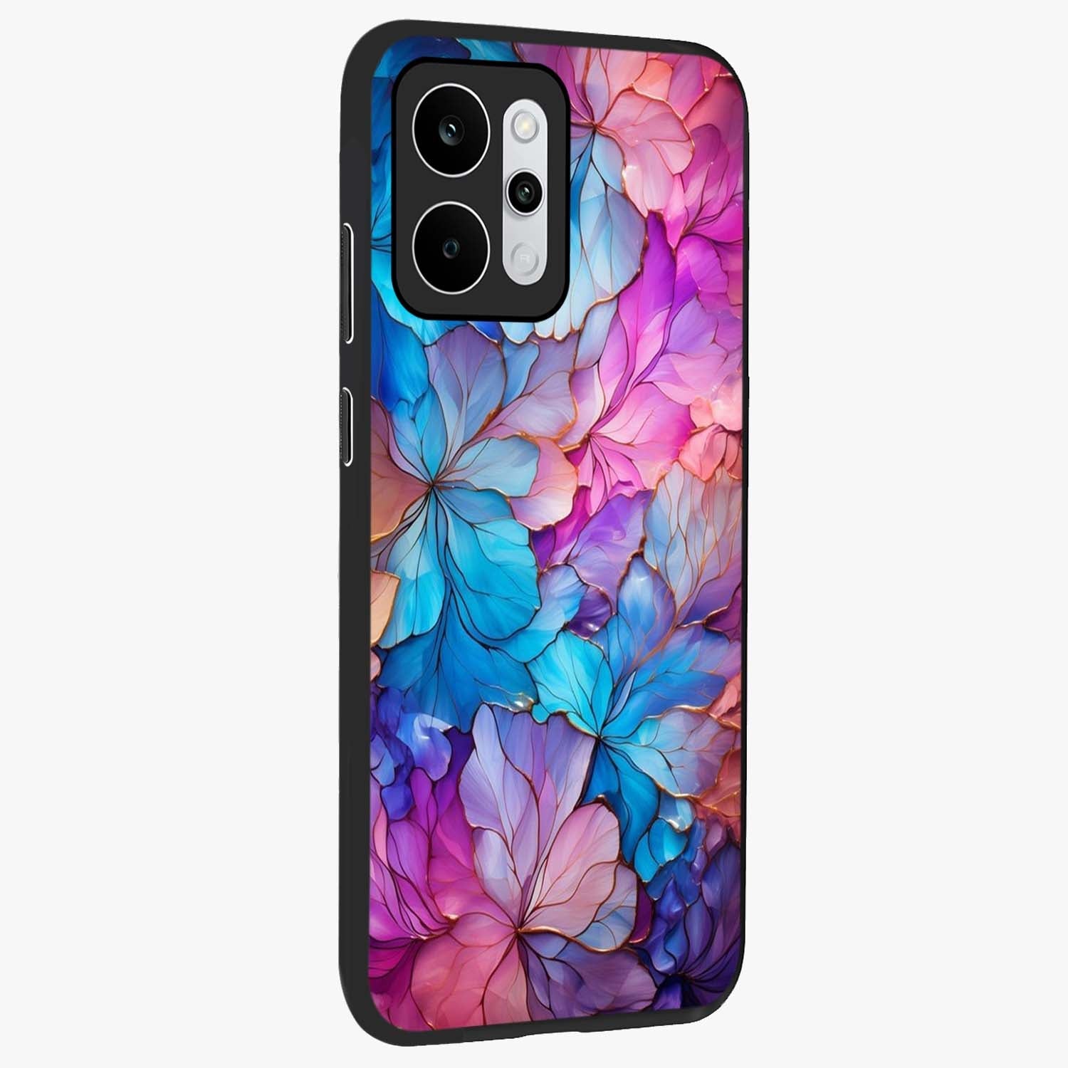 Radiant Floral Whirl Glass Case upright view showcasing lively floral artwork with decorative swirl theme.