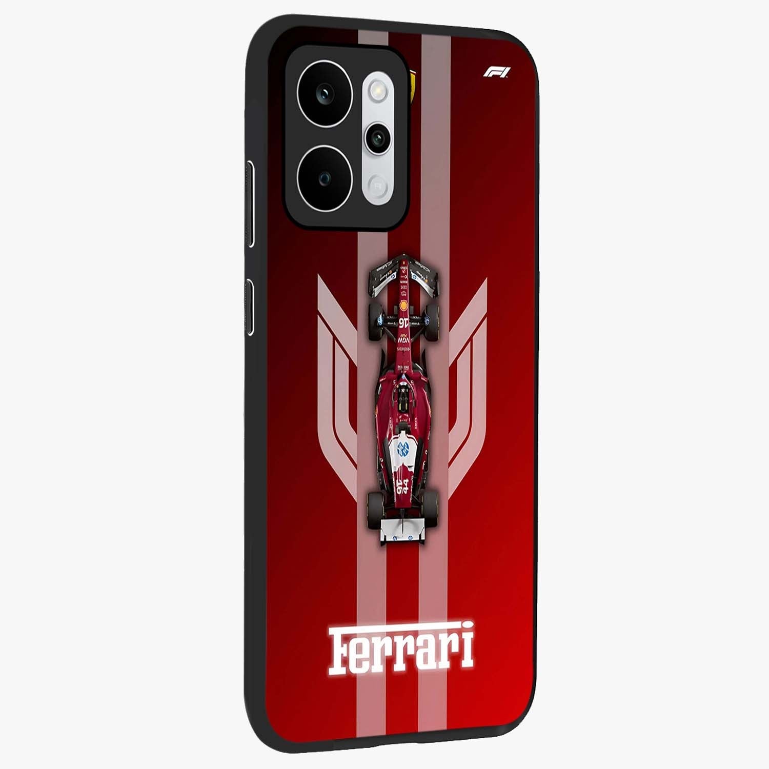 Red Ferrari F1 Vertical Glass Case upright view showcasing powerful Formula car artwork with dynamic motorsport theme.