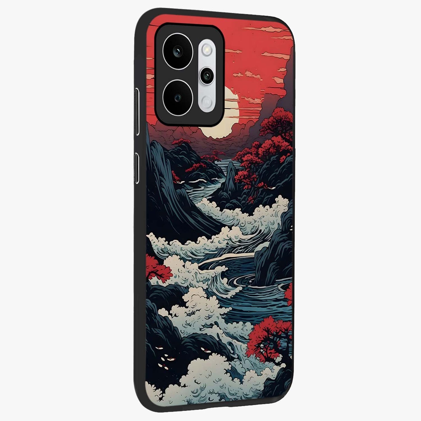 Red Sunset Scenery Glass Case upright view showcasing dramatic sunset scenery artwork with warm nature theme.