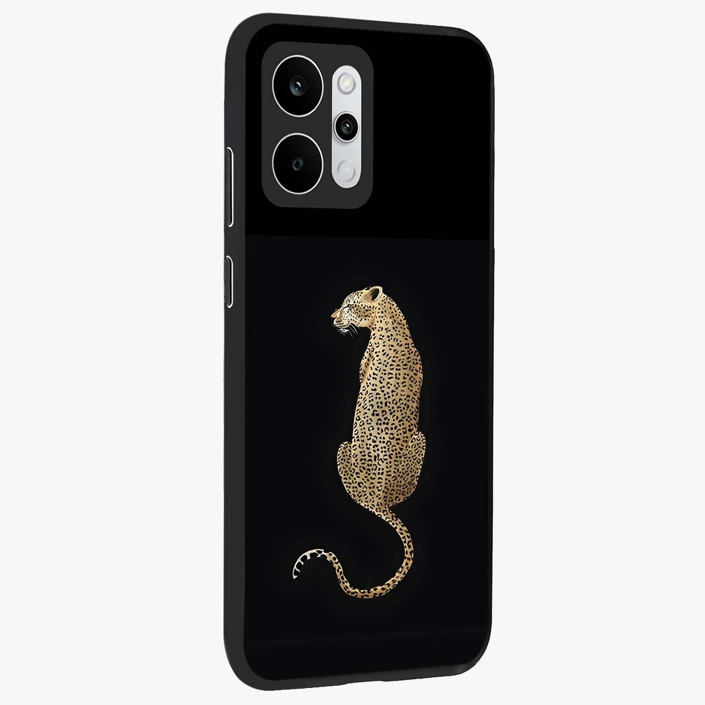 Regal Leopard Glass Case upright view showcasing striking leopard artwork with fierce wildlife theme.