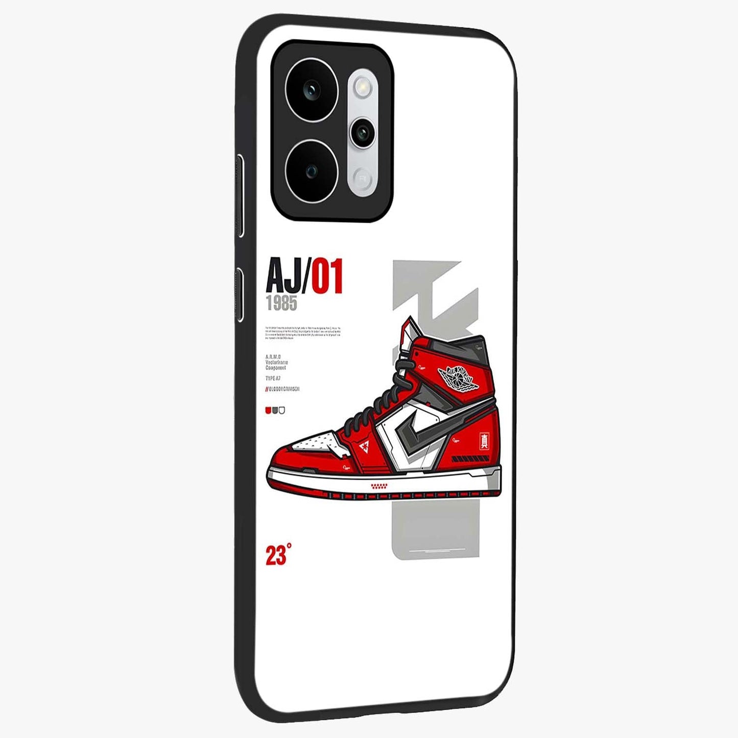 Retro Sneaker Blueprint Glass Case upright view showcasing stylish sneaker illustration with vintage streetwear theme.