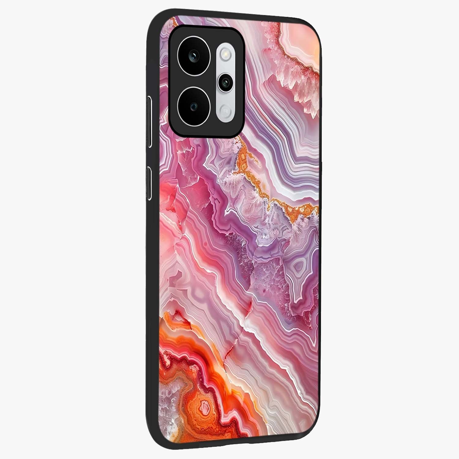 Rose Quartz Marble Glass Case upright view showcasing decorative marble artwork with luxurious pastel theme.
