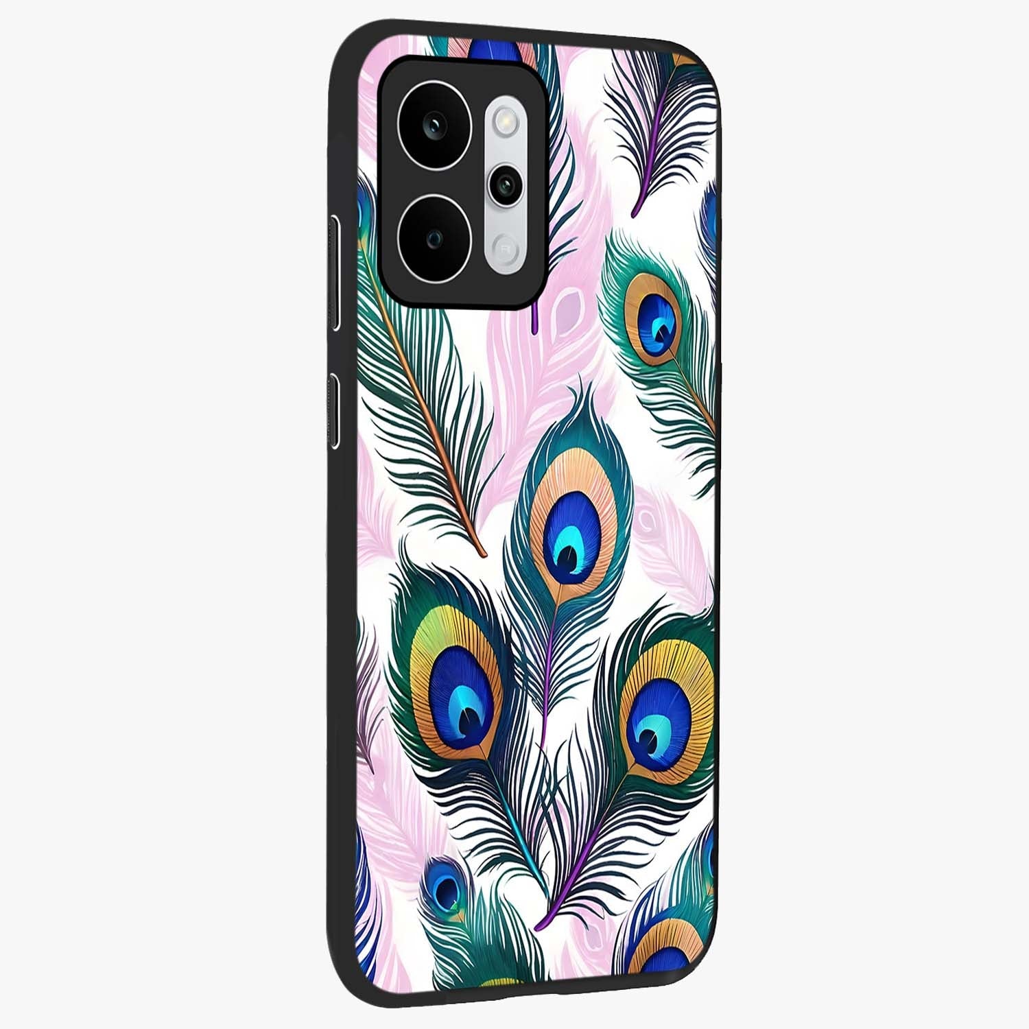 Royal Peacock Feathers Glass Case upright view showcasing elegant peacock feather artwork with decorative royal theme.