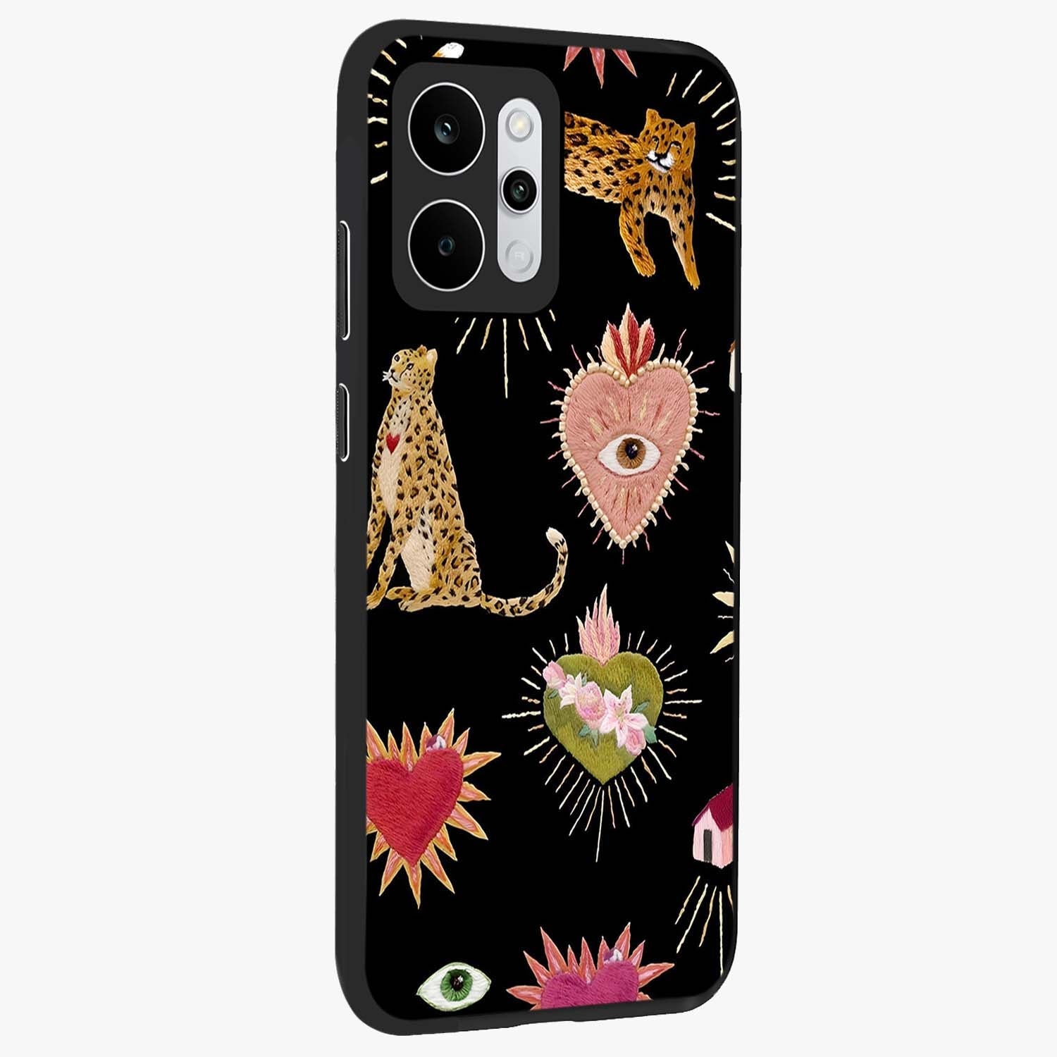 Sacred Jungle Heart Glass Case upright view showcasing vibrant jungle artwork with symbolic heart theme.