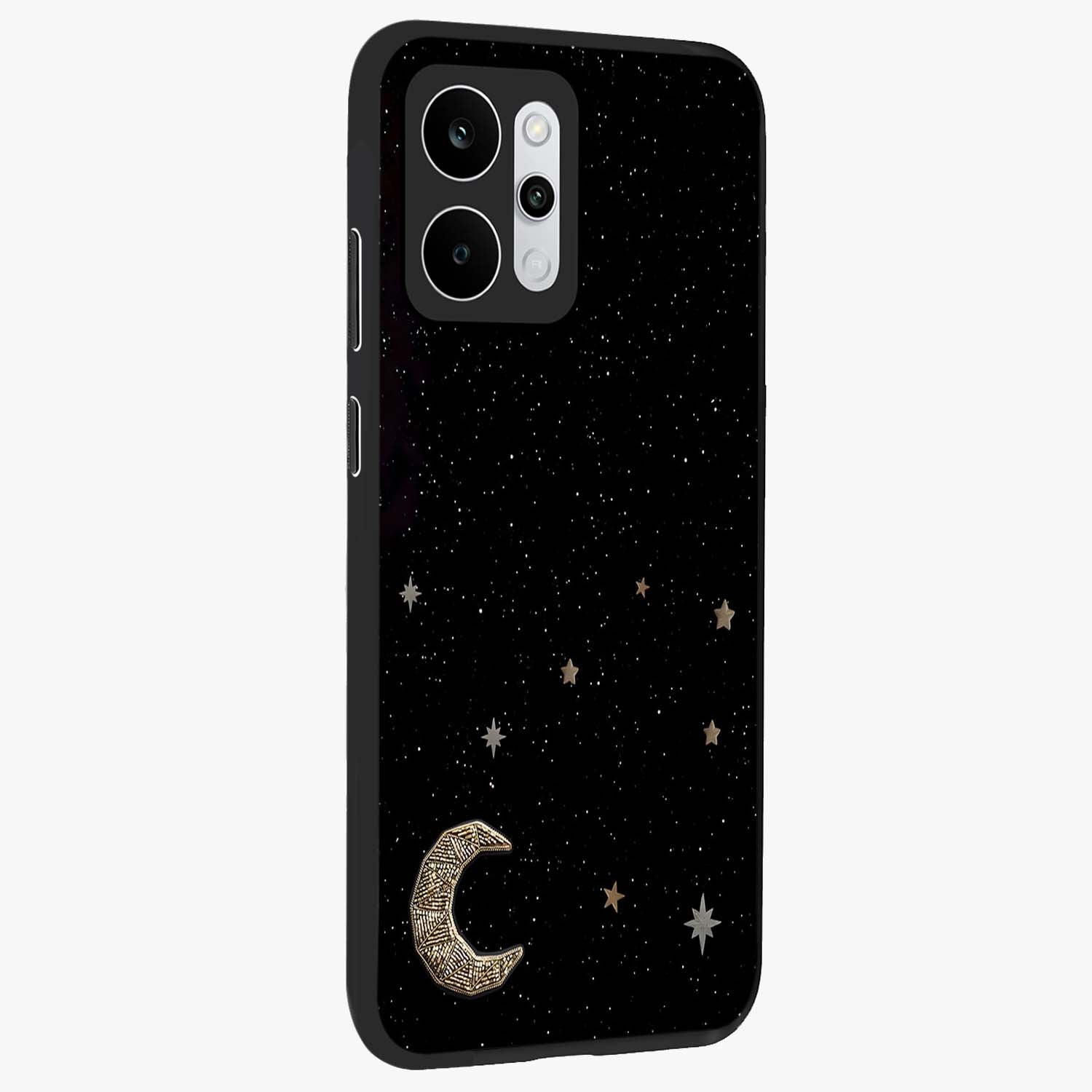 Twinkle Star With Half Moon Glass Case upright view showcasing glowing cosmic artwork with dreamy night theme.