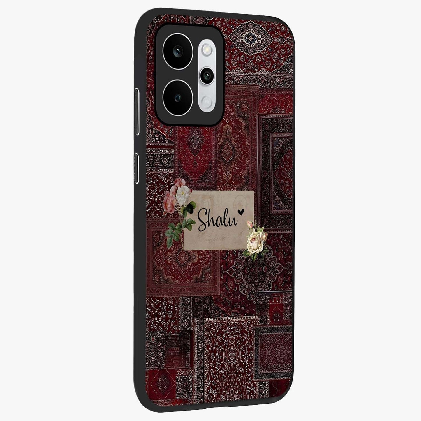 Velvet Wine Pattern Custom Name Glass Case upright view showcasing luxurious wine toned artwork with personalized aesthetic.
