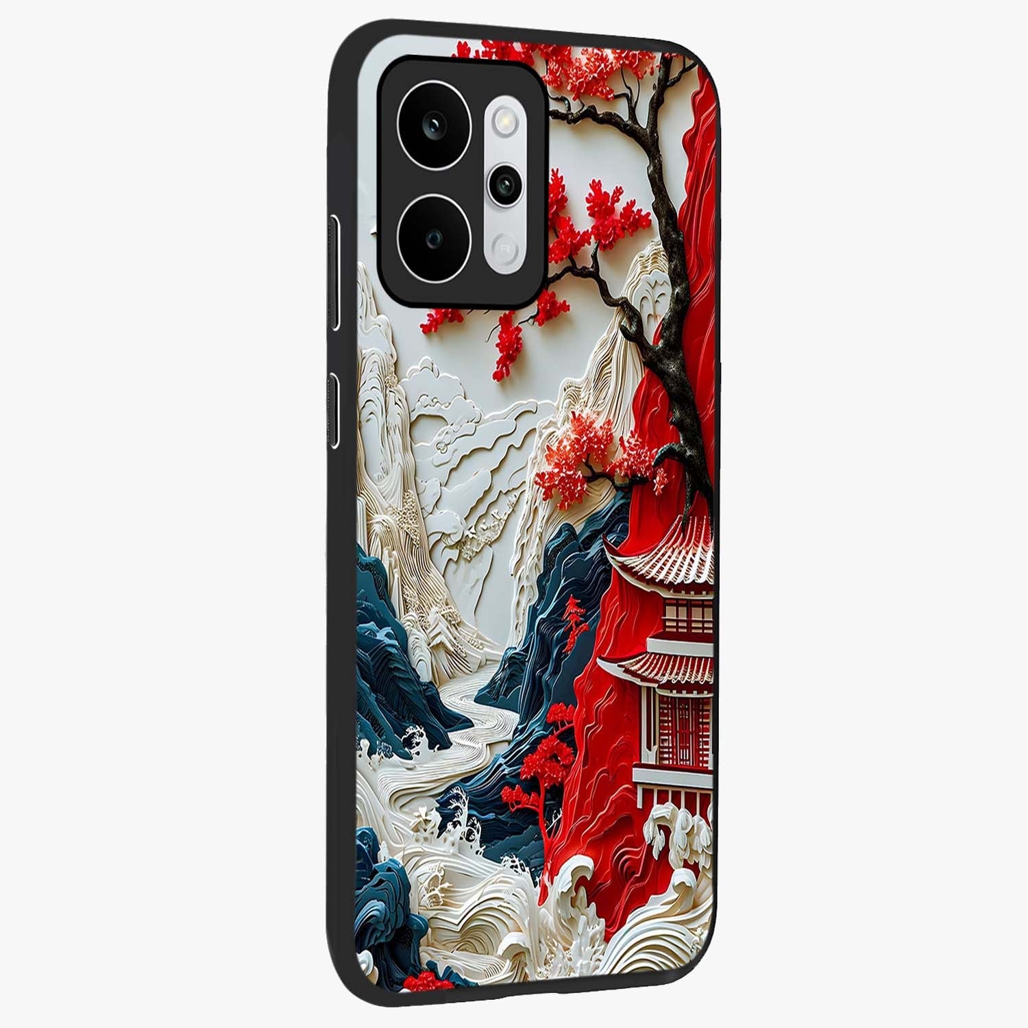 Whispers Of Sakura Waves Glass Case upright view showcasing delicate cherry blossom artwork with elegant nature theme.