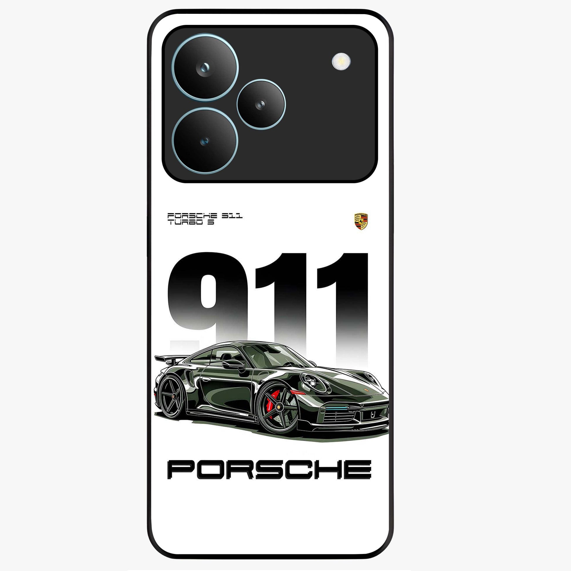 911 Turbo Dominance Glass Case showing clean flat back view with bold 911 sports car artwork and glossy glass finish.