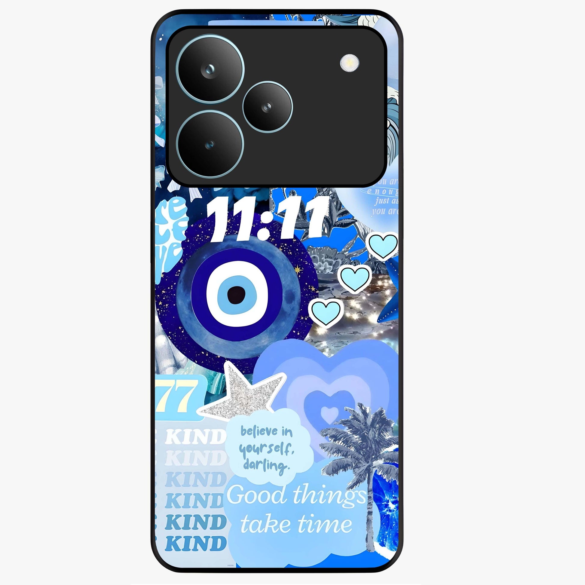 Aesthetic Be Kind Eye Glass Case showing flat back view with motivational eye artwork and glossy glass finish.