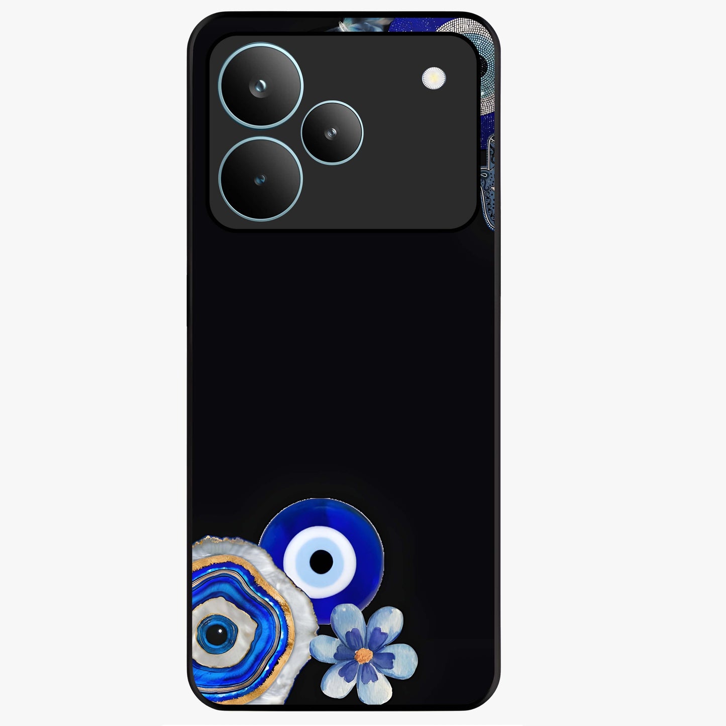 Aesthetic Blue Evil Eye Glass Case showing flat back view with protective evil eye artwork and glossy glass finish.