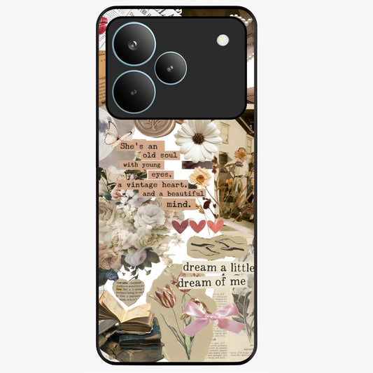 Aesthetic Brown Vintage Collage Glass Case showing flat back view with retro collage artwork and glossy glass finish.