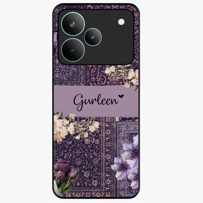 Antique Floral Whisper Custom Name Glass Case showing flat back view with vintage floral artwork and personalized name design.