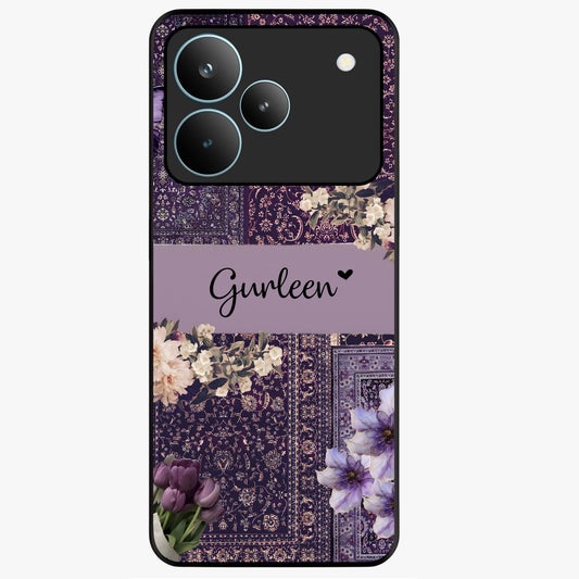 Antique Floral Whisper Custom Name Glass Case showing flat back view with vintage floral artwork and personalized name design.