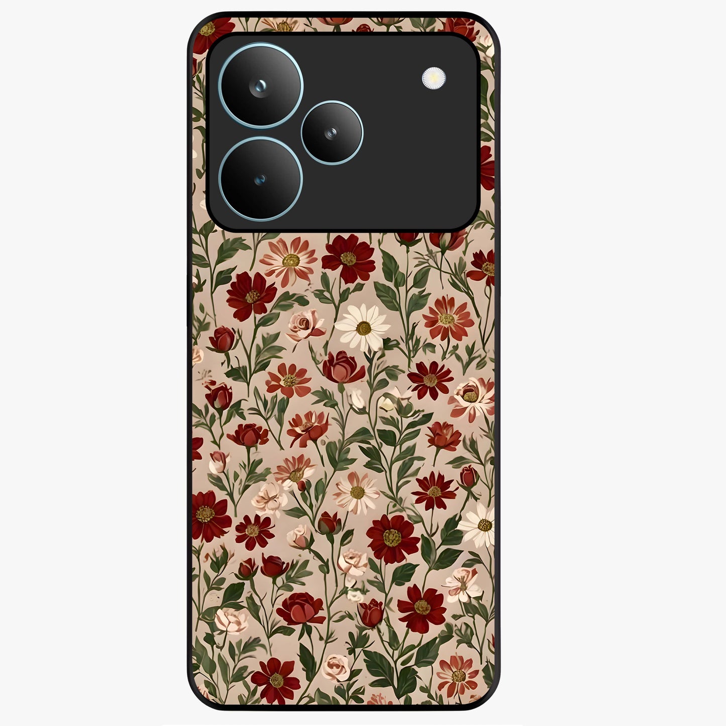 Biege Flower With Leaf Glass Case showing flat back view with soft beige floral artwork and glossy glass finish.
