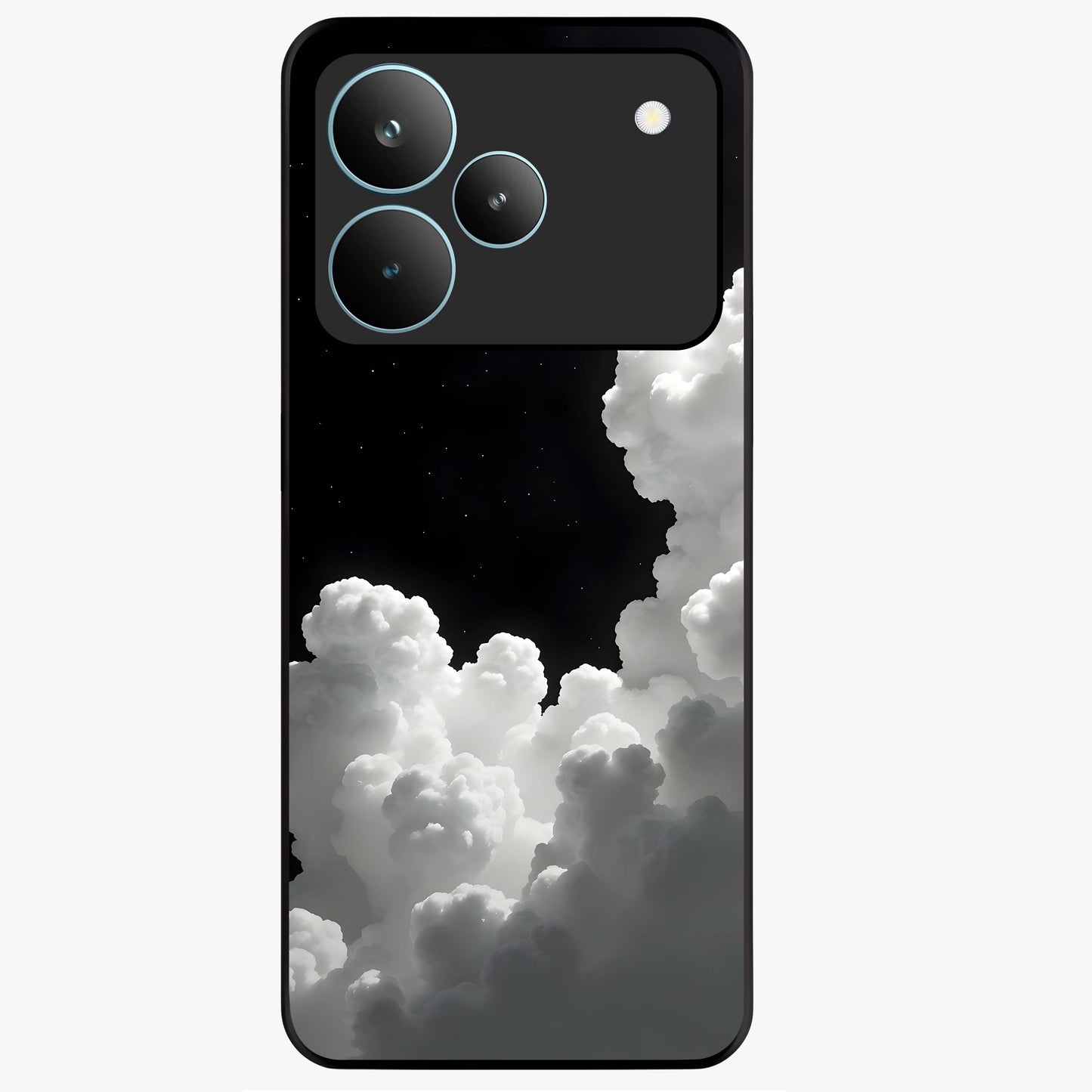 Black Background With White Cloud Glass Case showing flat back view with minimal cloud artwork on dark background and glossy glass finish.
