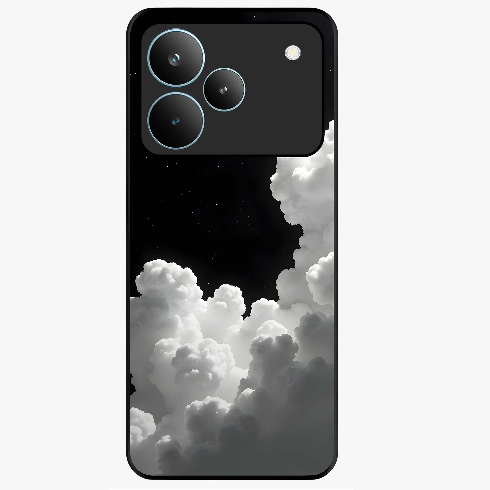 Black Background With White Cloud Glass Case showing flat back view with minimal cloud artwork on dark background and glossy glass finish.