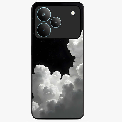 Black Background With White Cloud Glass Case showing flat back view with minimal cloud artwork on dark background and glossy glass finish.
