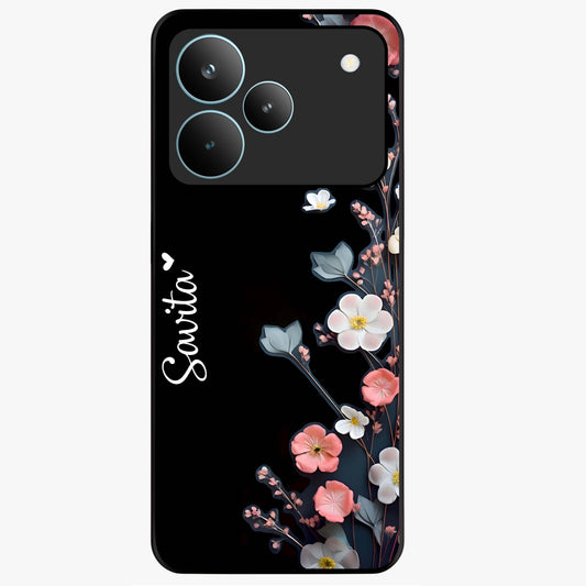 Black Elegance Floral Custom Name Glass Case showing flat back view with elegant floral artwork and personalized name design.