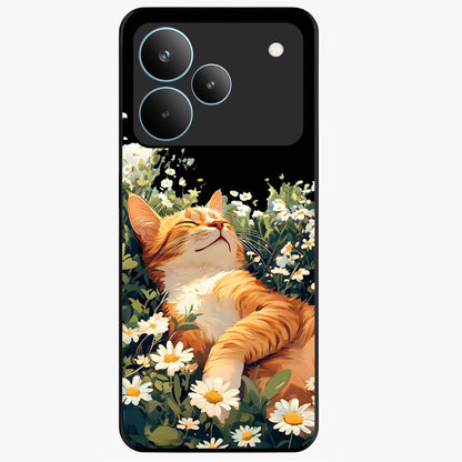 Blissful Bloom Cat Glass Case showing flat back view with cute cat and floral bloom artwork and glossy glass finish.